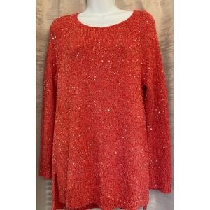 Chicos Coral Orange Sequin‎ Knit Sweater Tunic Top Size 1